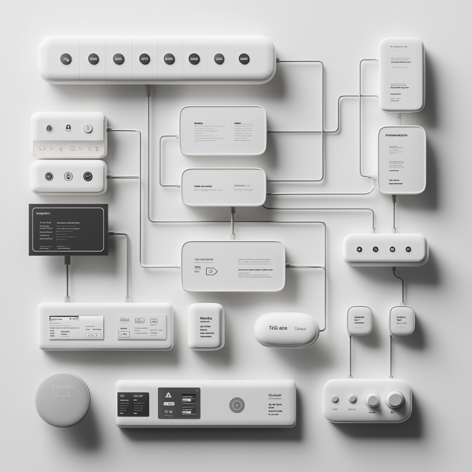 A collection of interconnected white electronic modules with various buttons, screens, and labels arranged on a light surface—perfect for building a Custom Intelligent Workflow or experimenting with AI Automation.