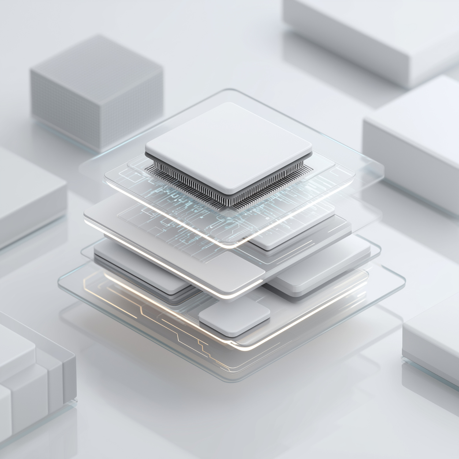 A 3D illustration of layered computer chips and circuit boards in a floating, exploded view, perfectly capturing the complexity of custom built systems for the AI era.