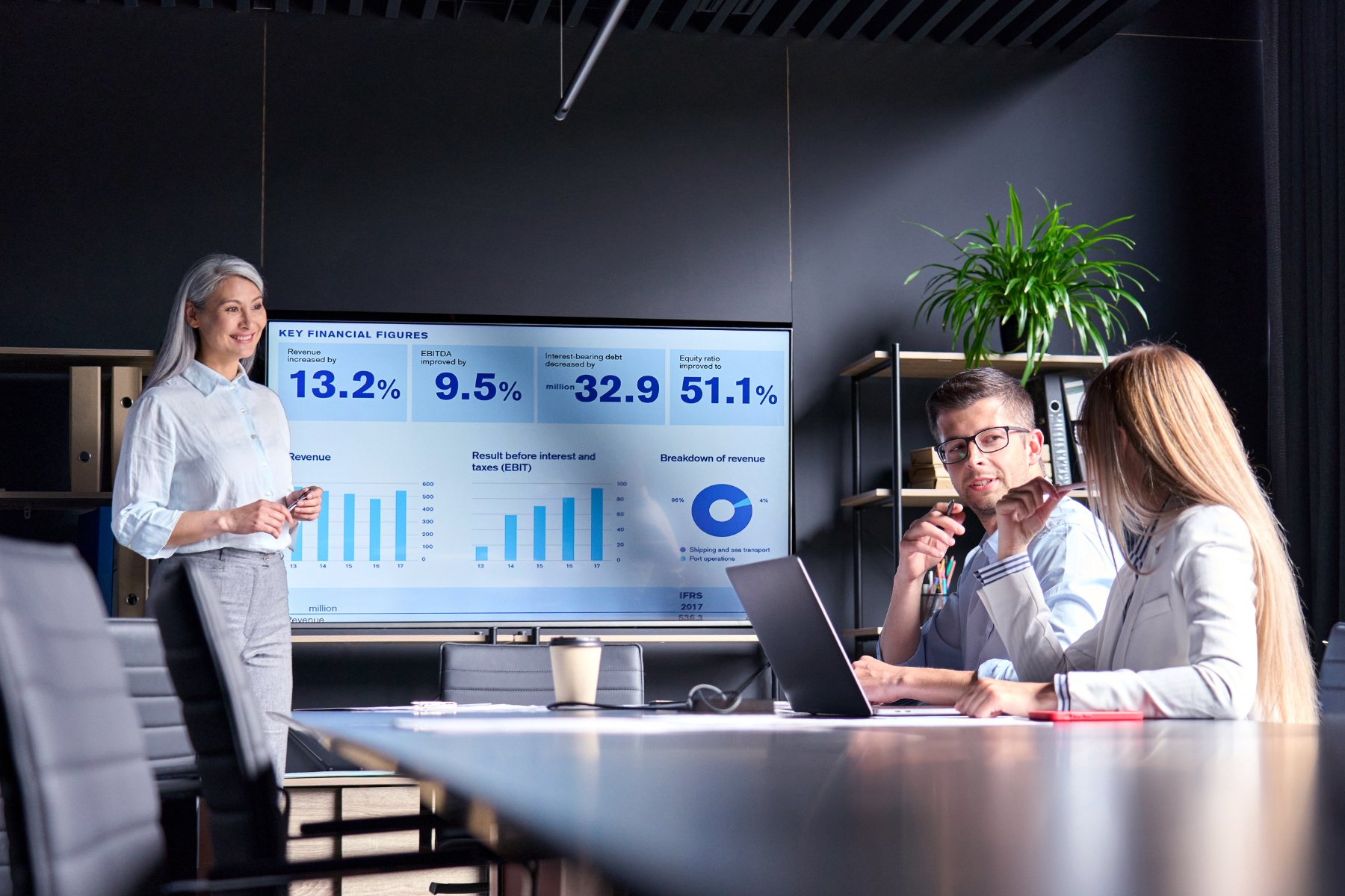 Three people in a modern conference room discuss financial data, including ROI and key KPIs for AI agents, displayed on a screen with figures and charts.