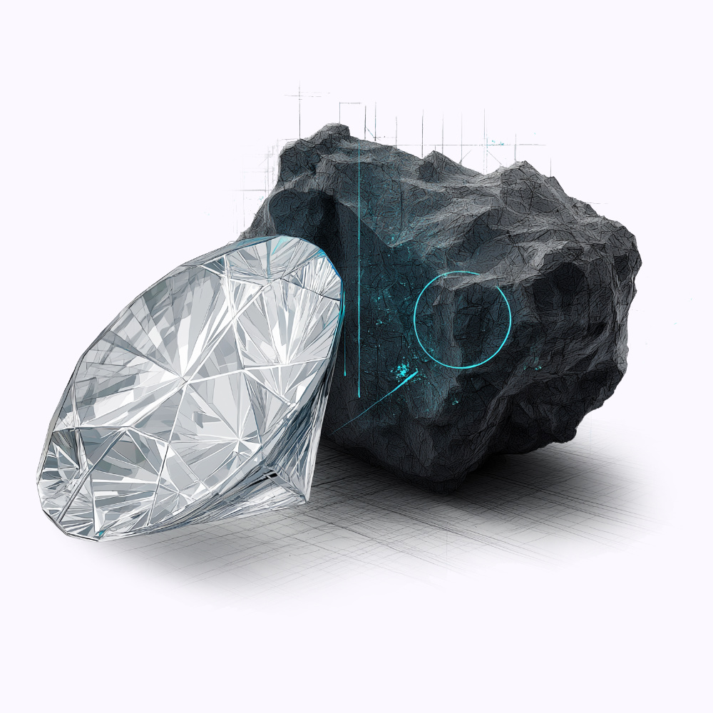 Technical drawing of a diamond next to a black rock