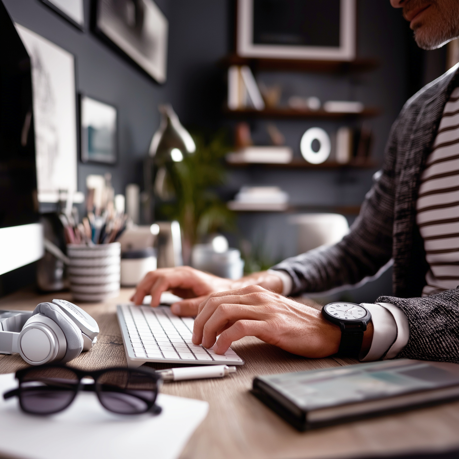 A person with an Operator Mindset types on a keyboard at a modern desk, surrounded by headphones, glasses, a tablet, and office supplies in a well-organized workspace—perfect for Custom Web Design.