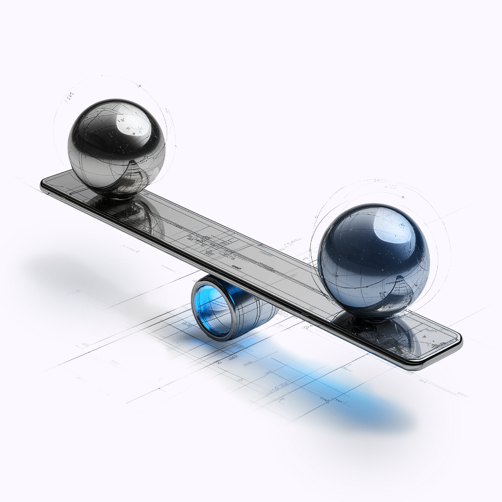 Technical drawing of a balance scale with two steel balls.