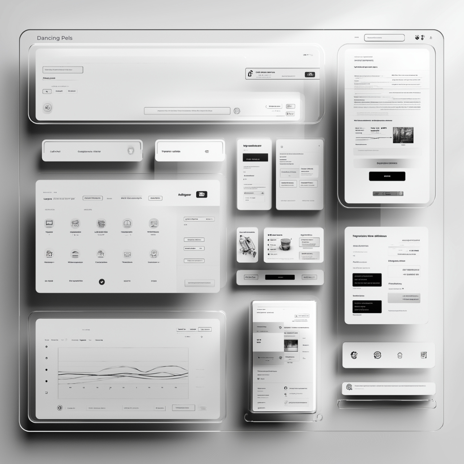 A grayscale UI design mockup showcasing Custom Web Design elements for both desktop and mobile views, featuring charts, menus, icons, forms, buttons, and navigation bars.